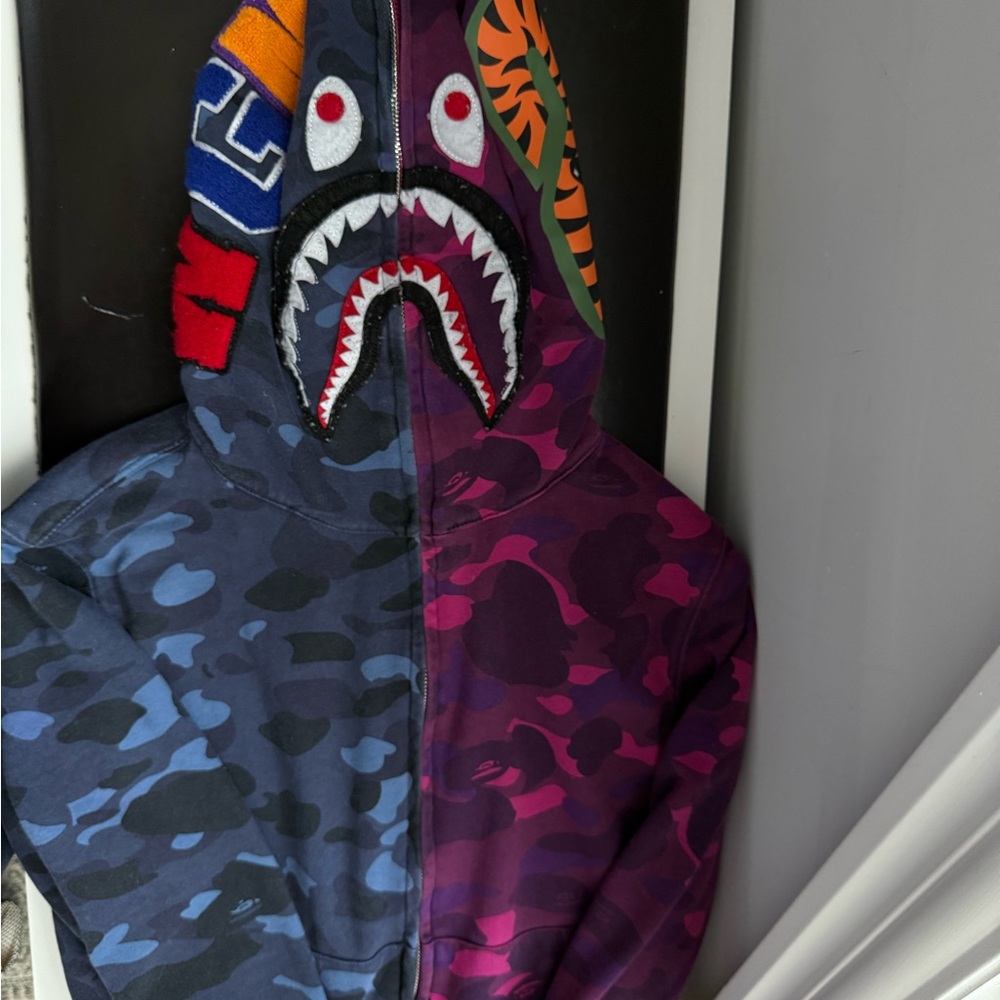 BAPE Shark Face Split Camo Zip-Up Hoodie in Blue & Purple